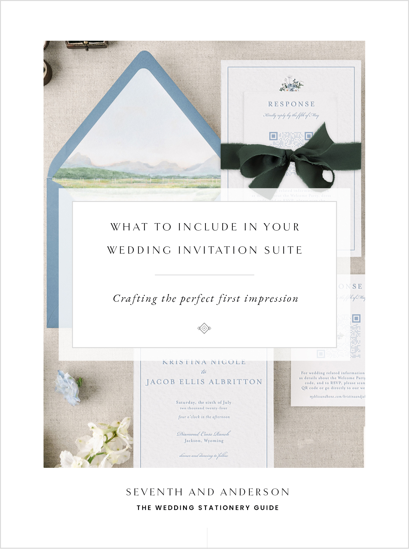 wedding invitation suite featuring soft blue and white tones.