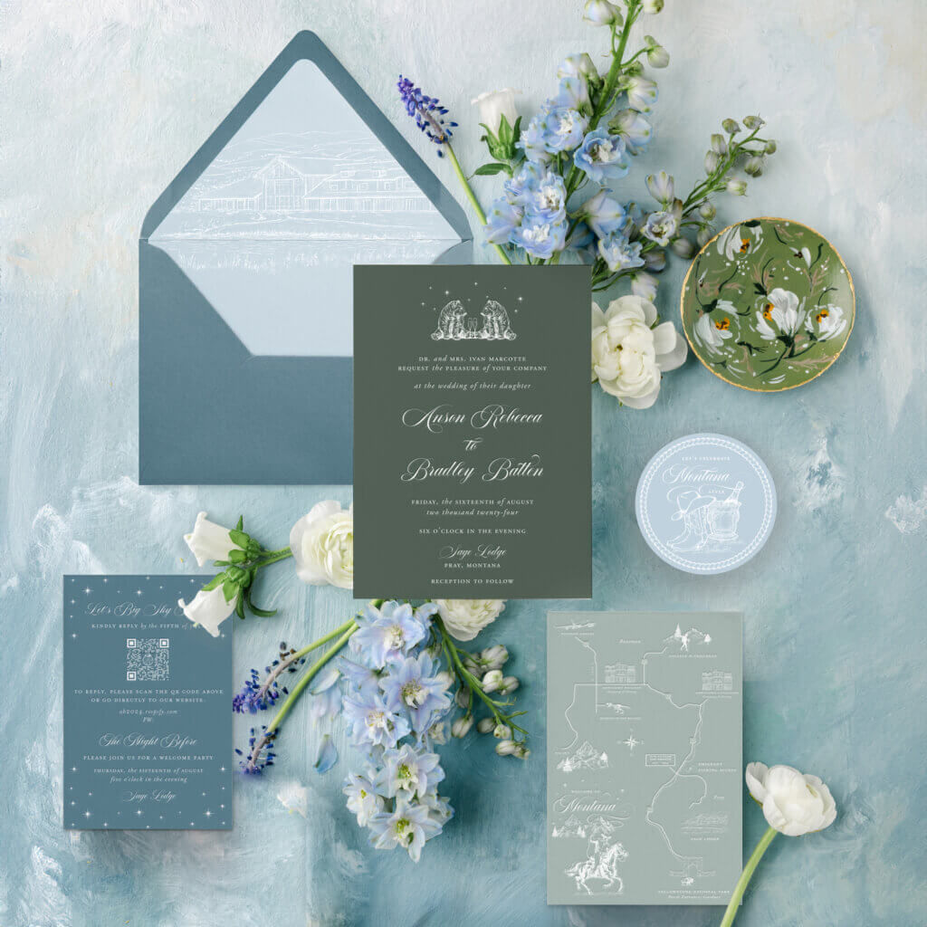 Letterpress wedding invitation suite featuring the main invitation, RSVP card, and details card, showcasing essential pieces to include in your wedding invitation suite."