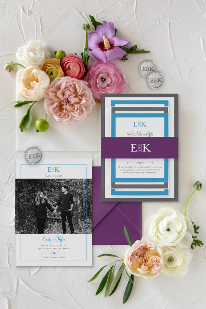 summer purple blue wedding invitations