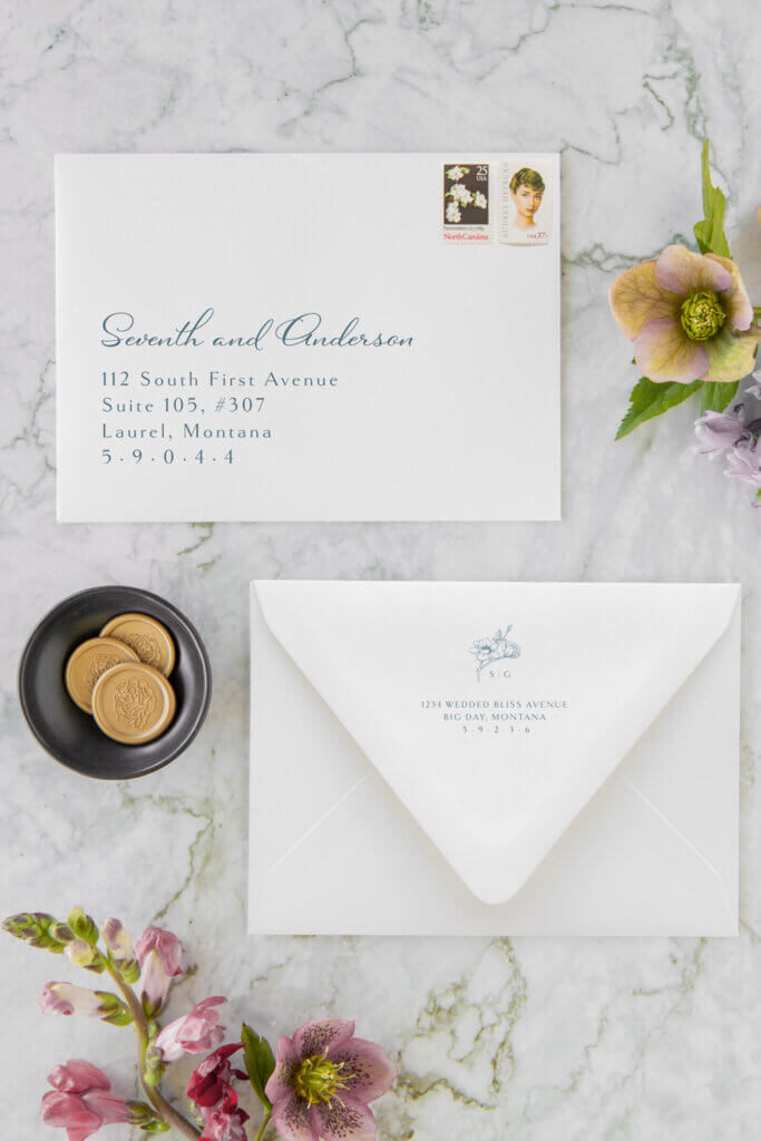 traditional floral dusty blue save the date cards wedding envelopes seventhandanderson