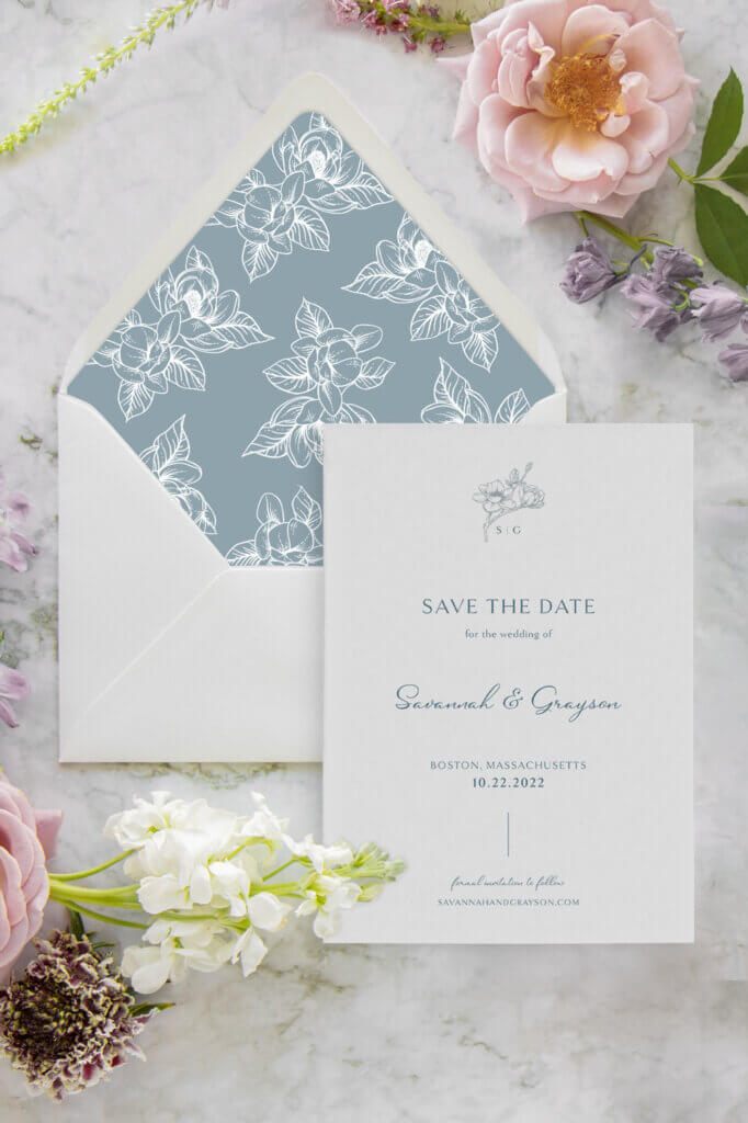 traditional floral dusty blue save the date cards wedding seventhandanderson