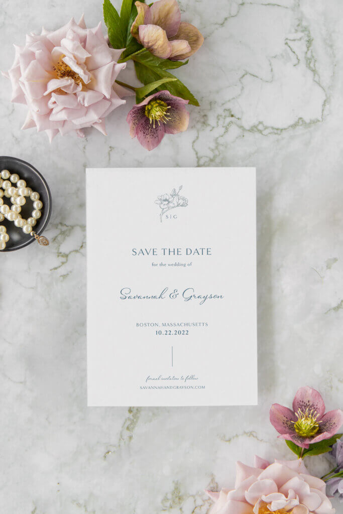 traditional save the date card dusty blue seventhandanderson