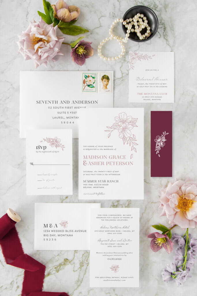 floral modern blush dusty rose burgundy wedding invitations seventhandanderson