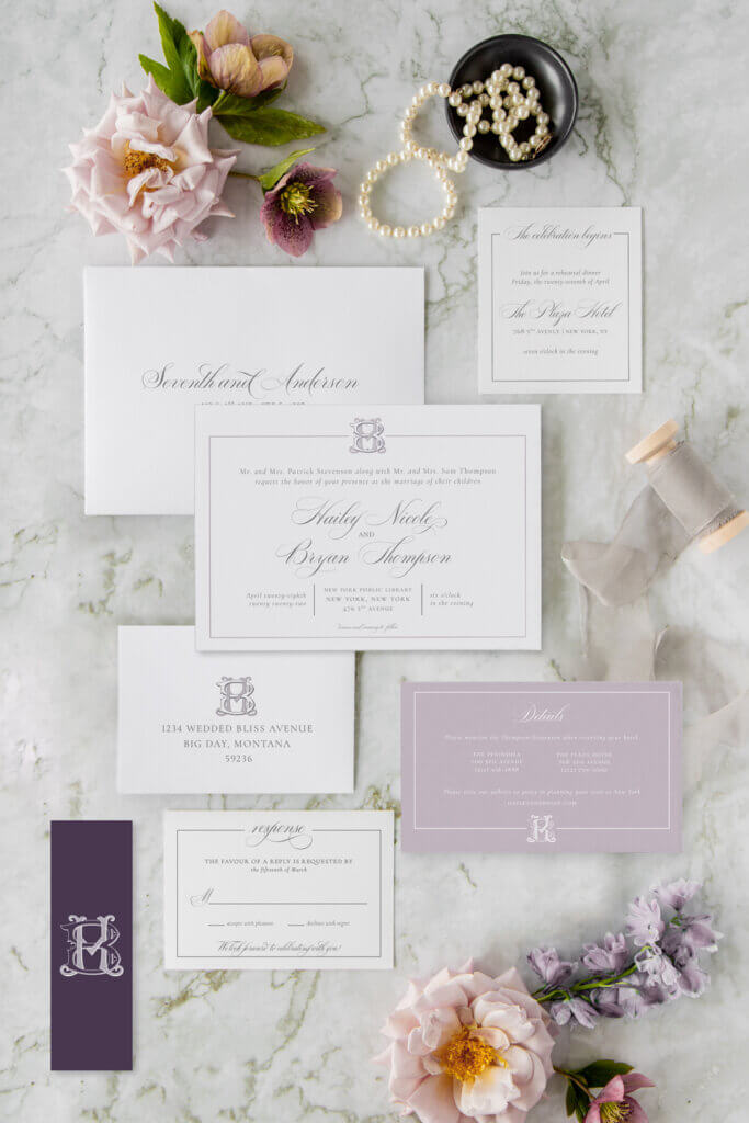 vintage monogram dusty purple wedding invitations seventhandanderson