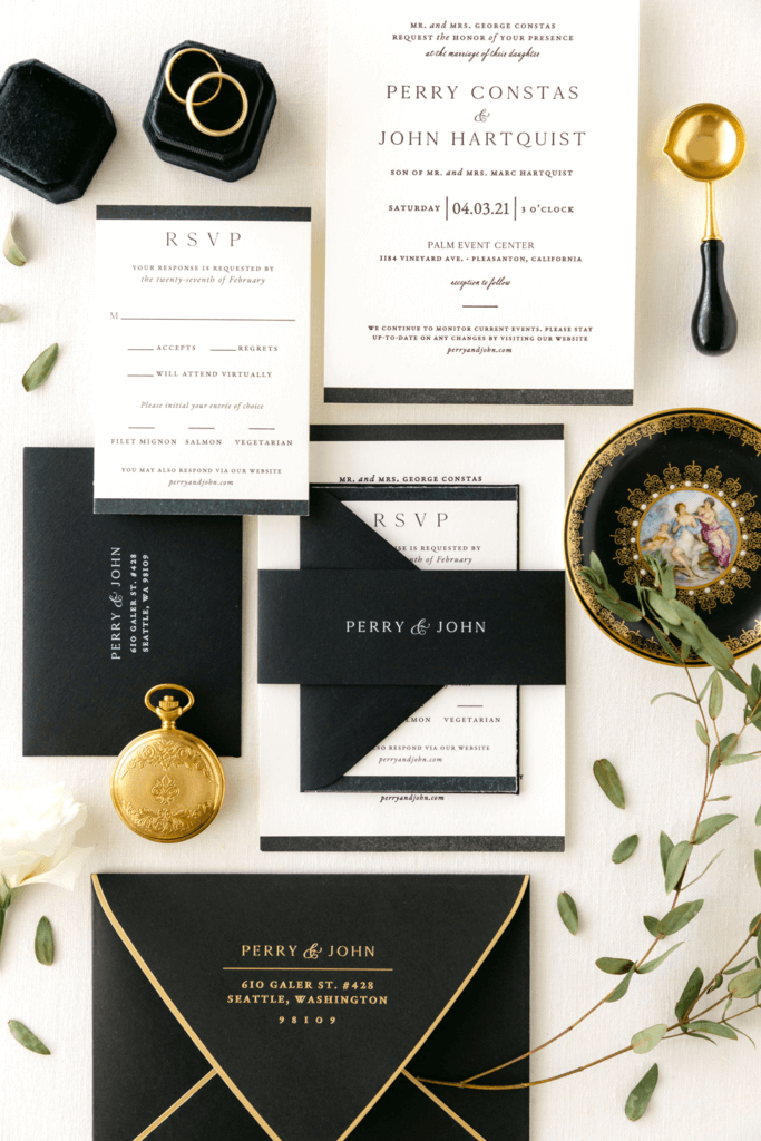 black white gold foil letterpress wedding invitations seventhandanderson