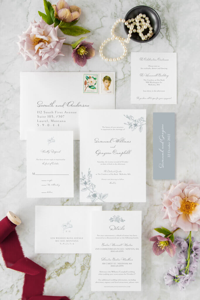 floral magnolia classic elegant blue wedding invitations seventhandanderson