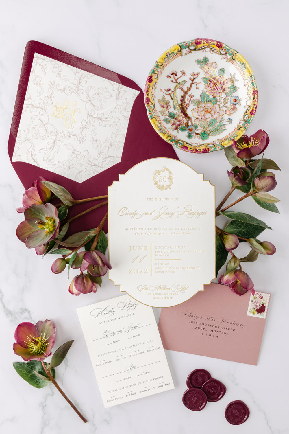 Celebrating 50 Years of Love: Our Parents' Golden Anniversary 3 Vintage-inspired 50th wedding anniversary invitation suite with gold foil details, RSVP card, burgundy envelope, and wax seals.