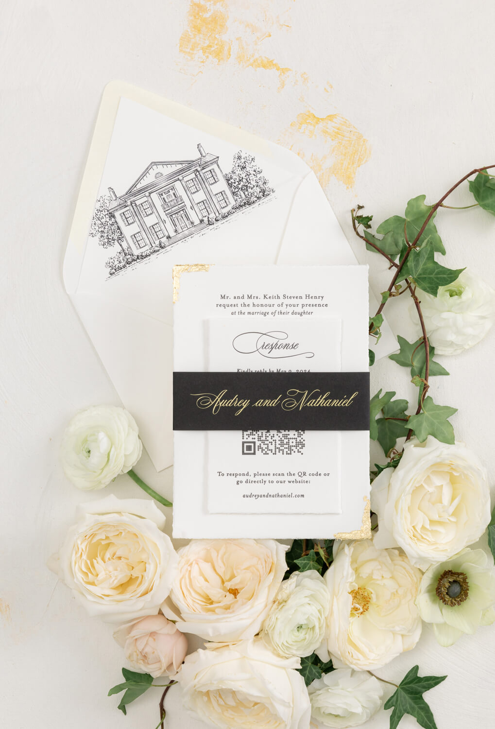 Black and White Wedding Invitations for a Classic Ashford Acres Inn Wedding 5 Black and white wedding invitations with gold foil corners, RSVP card, and black belly band, styled with ivory florals and envelope liner featuring a sketch of Ashford Acres Inn.
