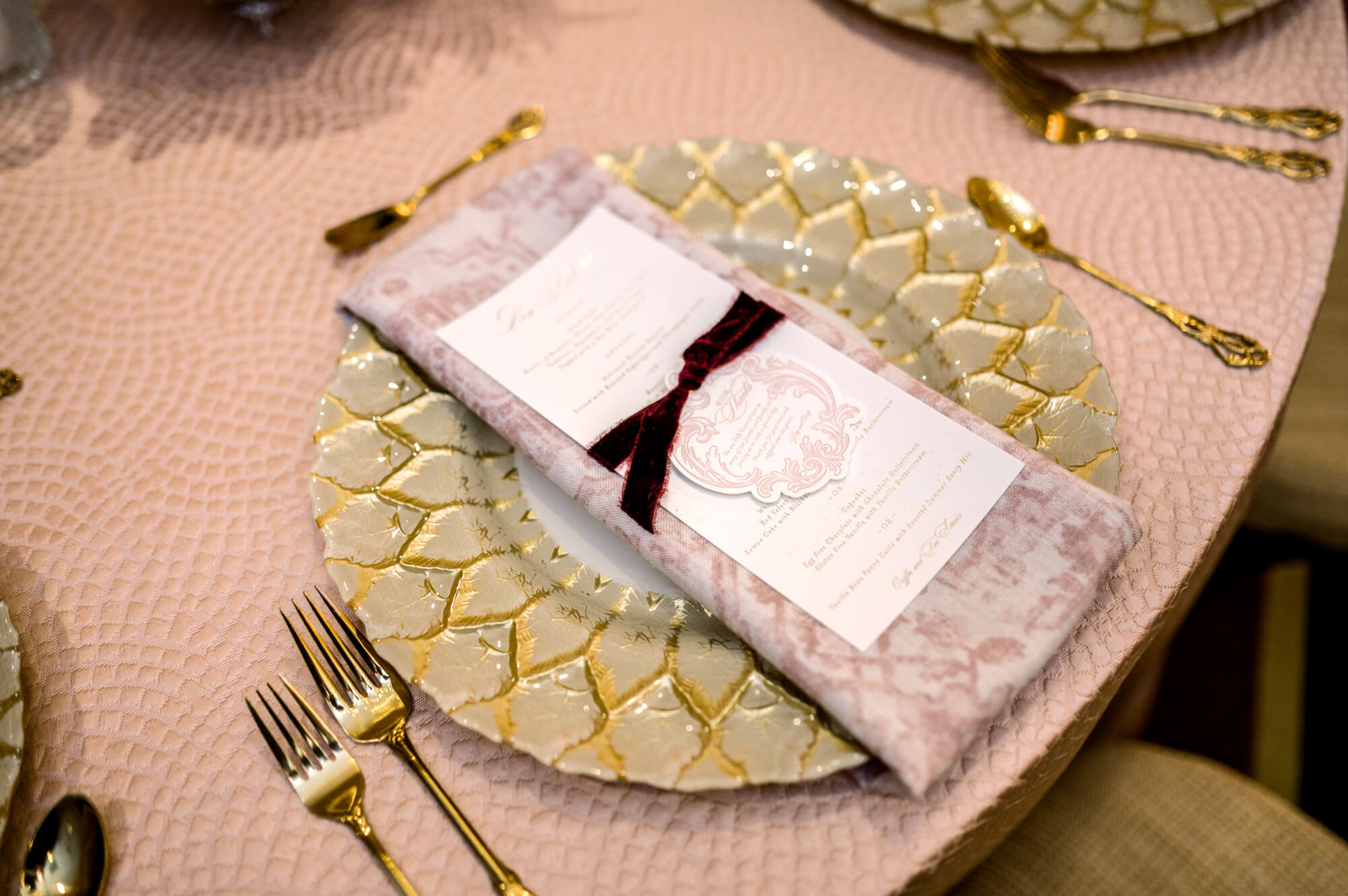 Celebrating 50 Years of Love: Our Parents' Golden Anniversary 15 Foil-stamped dinner menu with a velvet ribbon for a golden anniversary celebrating 50 years of love.