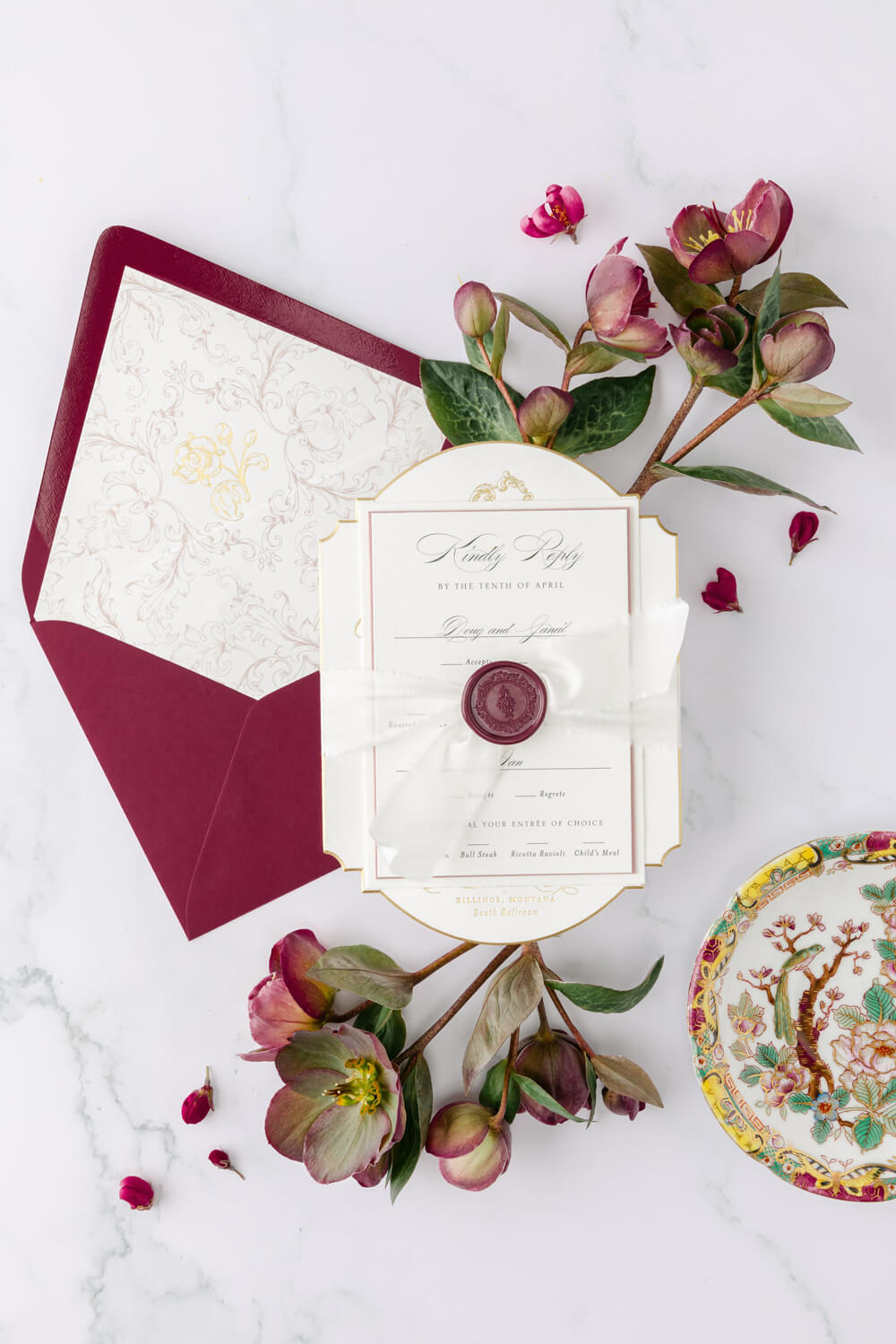 Celebrating 50 Years of Love: Our Parents' Golden Anniversary 4 50th wedding anniversary invitation suite with wax seal, gold foil stamping, and burgundy envelope.