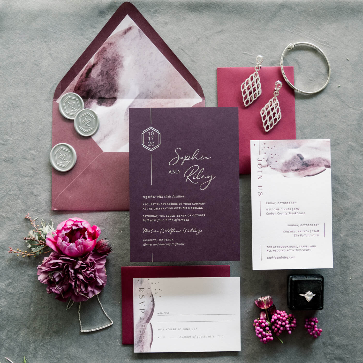 Bold Jewel Tone Wedding Invitations: Burgundy and Purple Wedding Inspiration 7 Jewel tone wedding invitation suite with burgundy envelope, silver wax seals, RSVP and detail cards, purple florals, and engagement ring.