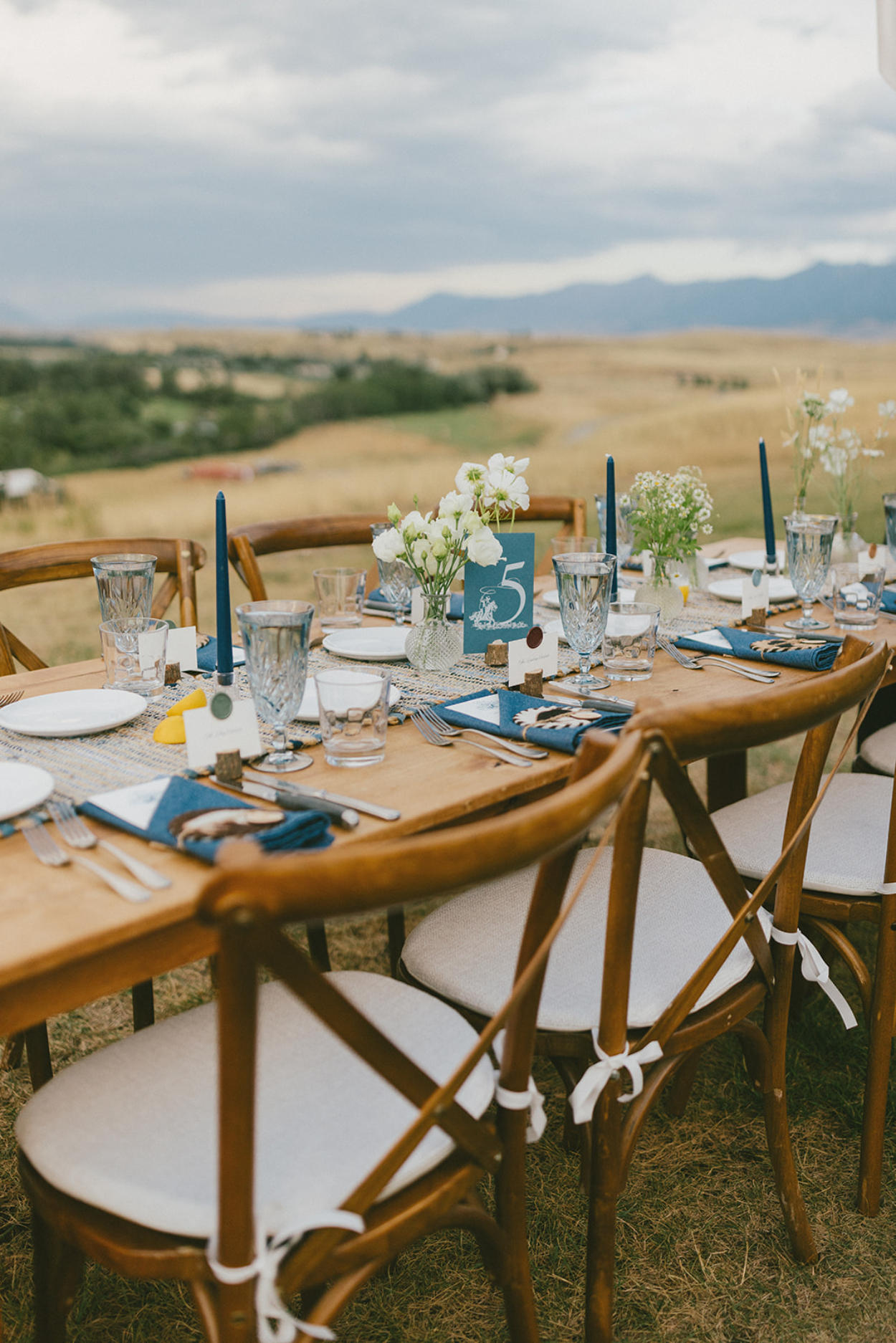 Long outdoor reception table set with blue napkins, glassware, candles, and floral centerpieces, overlooking an open landscape with mountains in the distance.