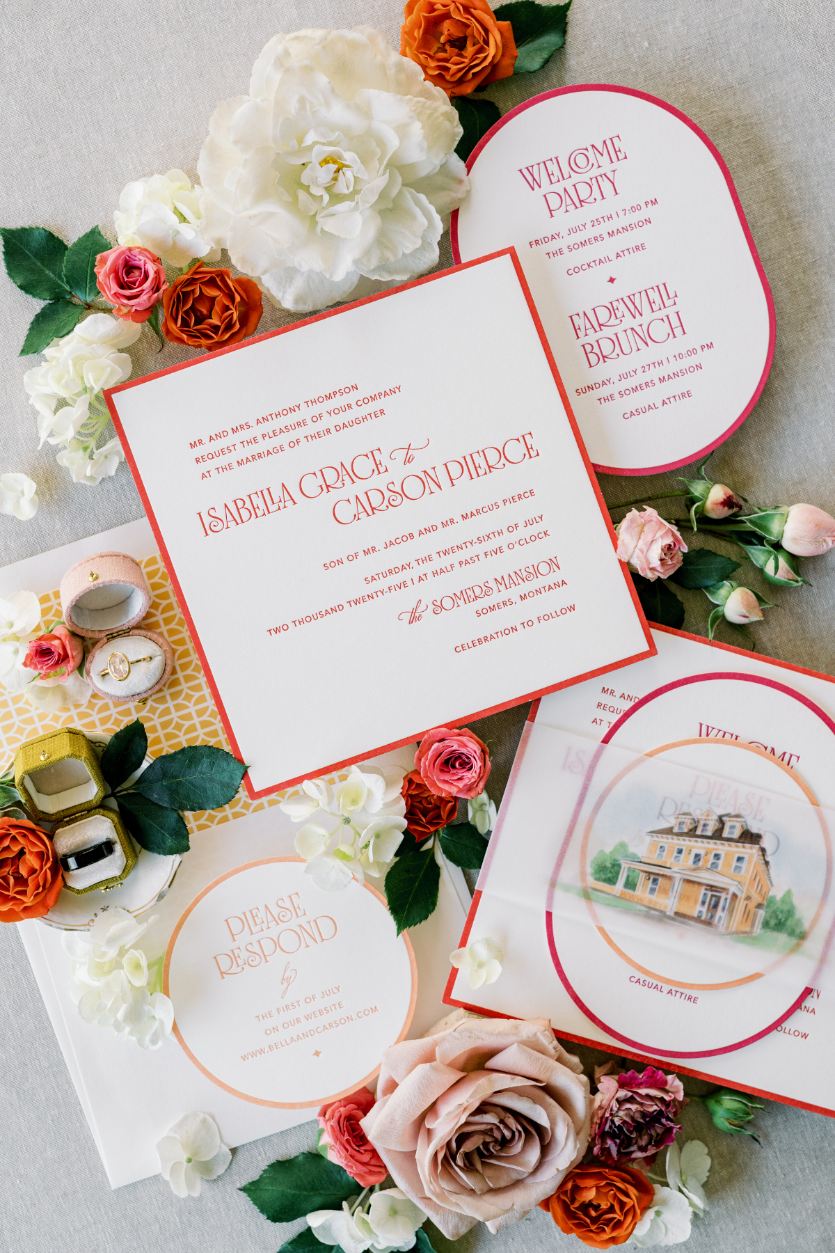 Choosing Your Wedding Invitation Style 6 Bright coral and peach wedding invitation suite surrounded by colorful garden roses, showcasing a bold and modern wedding invitation style with circular RSVP and event cards.