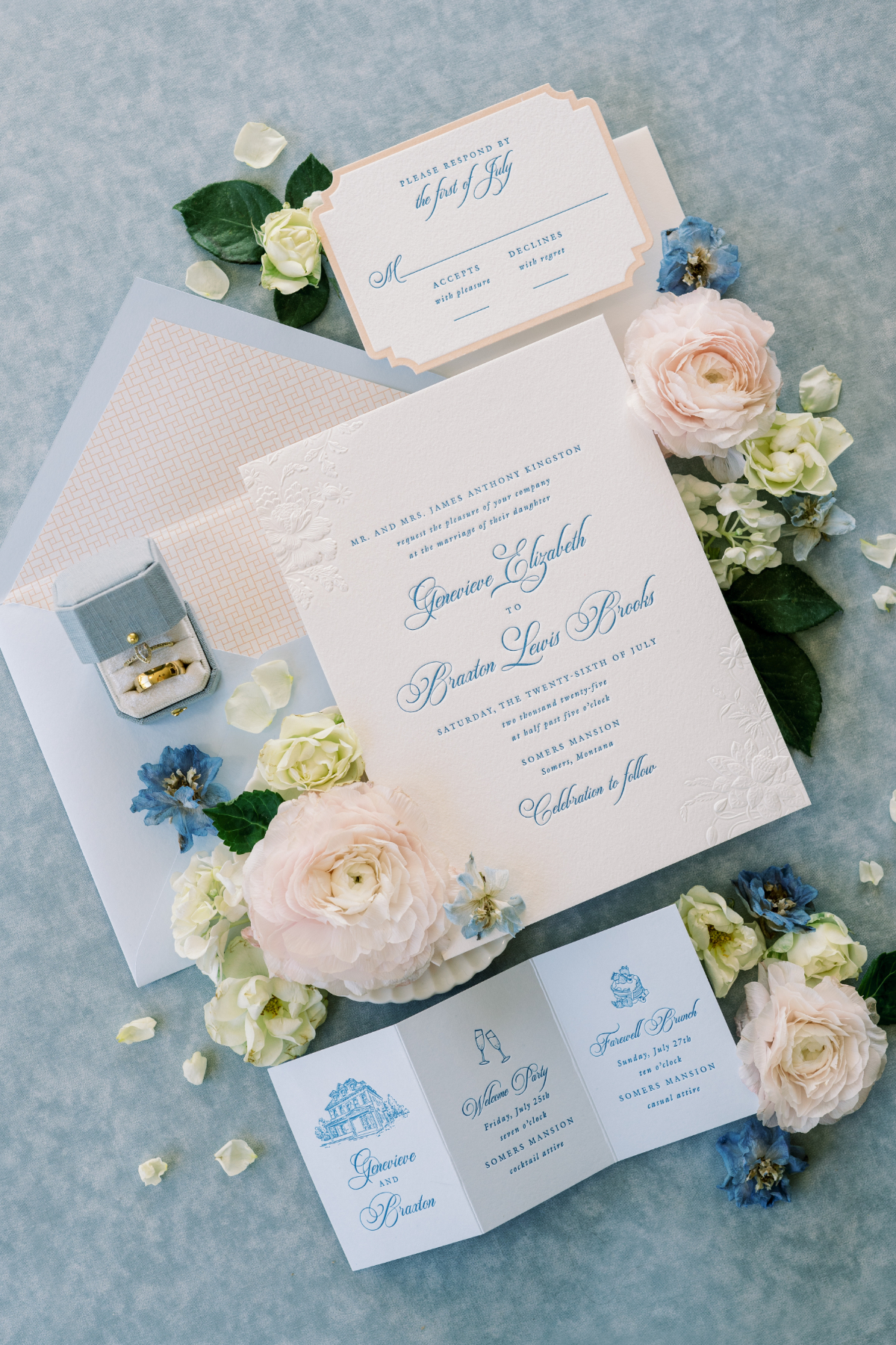 Choosing Your Wedding Invitation Style 7 Blue and ivory embossed wedding invitation suite styled with delicate florals and vintage accents, featuring an elegant and traditional wedding invitation style.