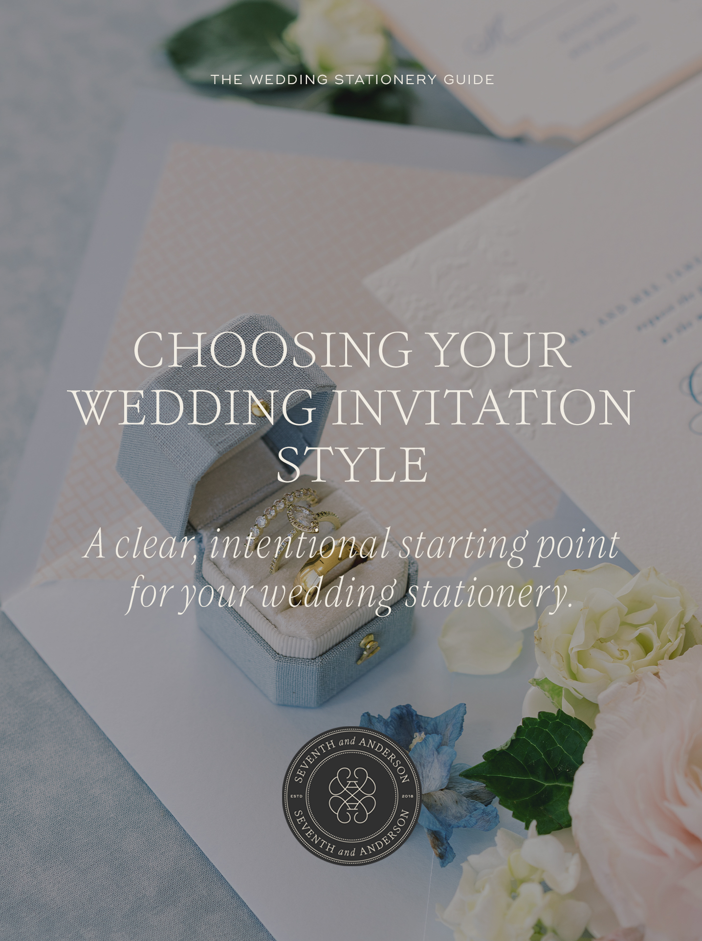 Choosing Your Wedding Invitation Style 3 Luxury wedding invitation flat lay featuring soft blue stationery, an engagement ring in a velvet box, and florals, styled as a featured image for a wedding stationery guide by Seventh and Anderson.