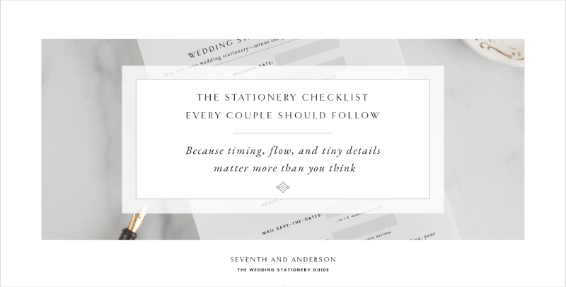 Minimal wedding stationery flat lay on marble featuring text titled “The Stationery Checklist Every Couple Should Follow” with pen and paper details.