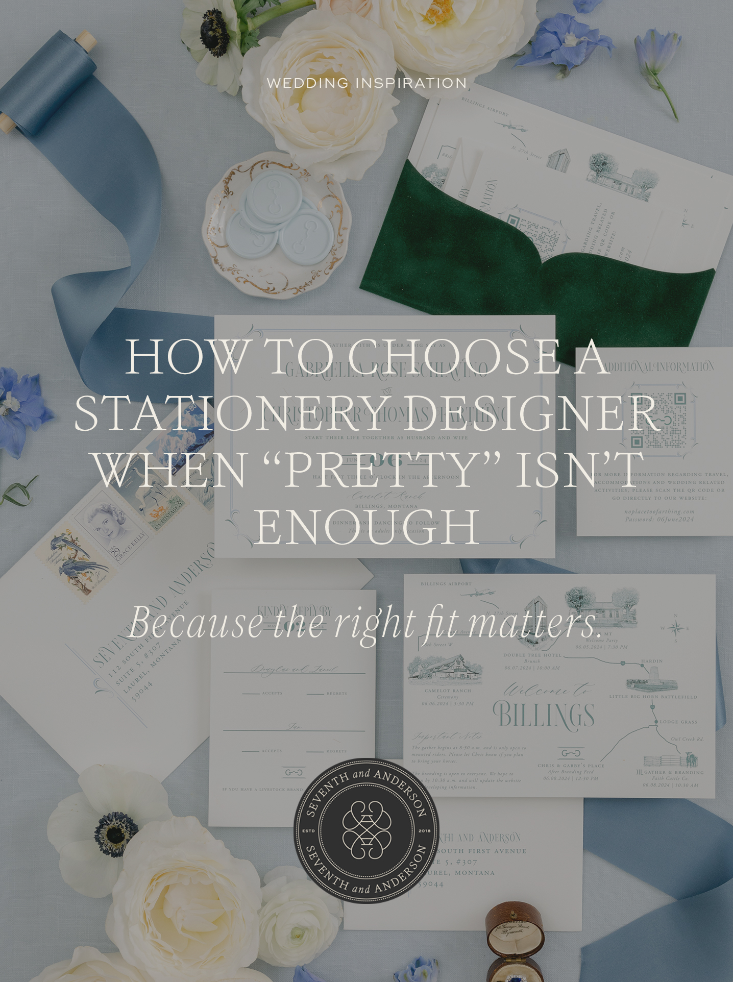 Flat lay of luxury wedding stationery with florals and ribbon featuring text about how to choose a stationery designer when “pretty” isn’t enough.