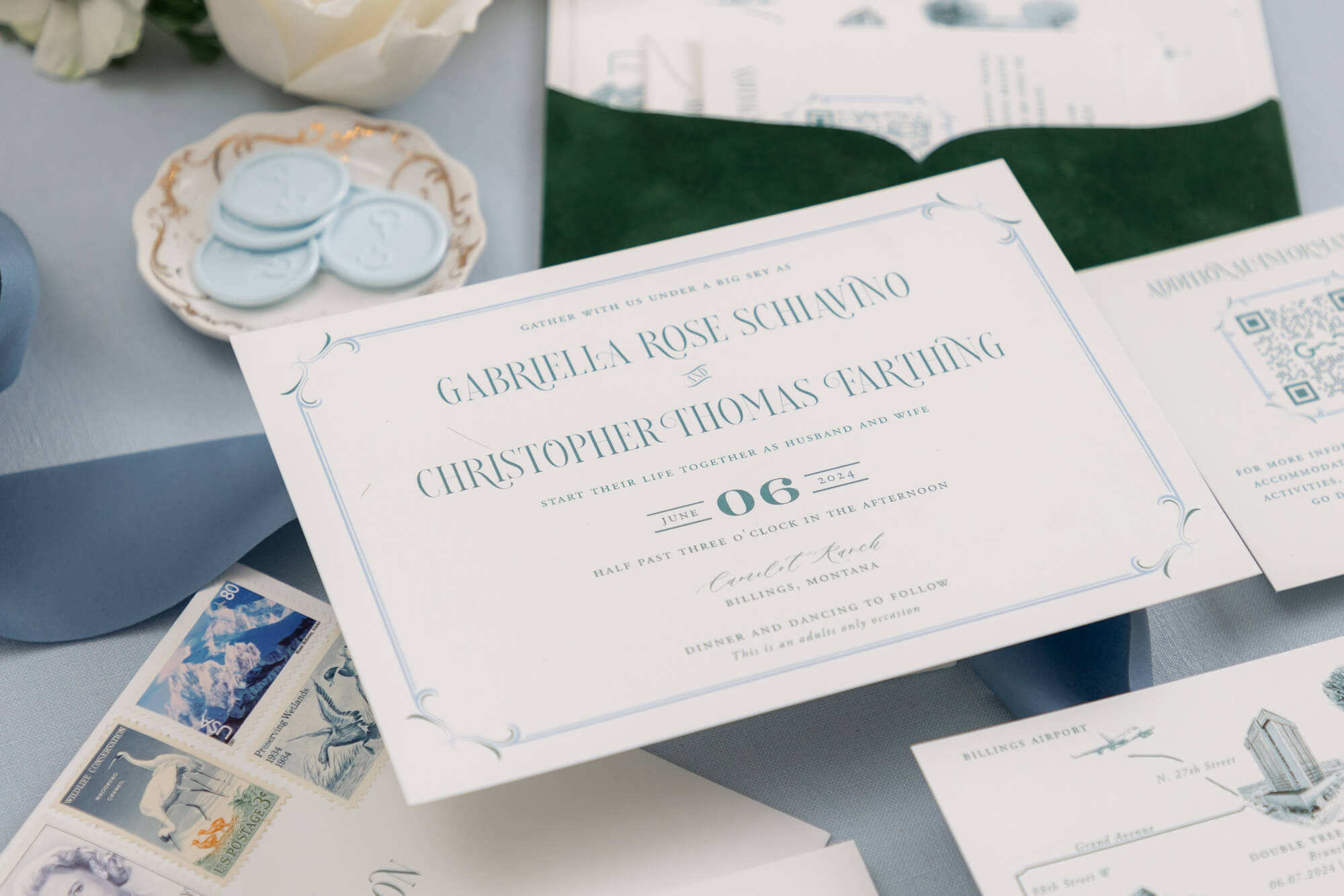 How to Choose a Stationery Designer When “Pretty” Isn’t Enough 2 Luxury wedding invitation flat lay with wax seals, and velvet pockets.