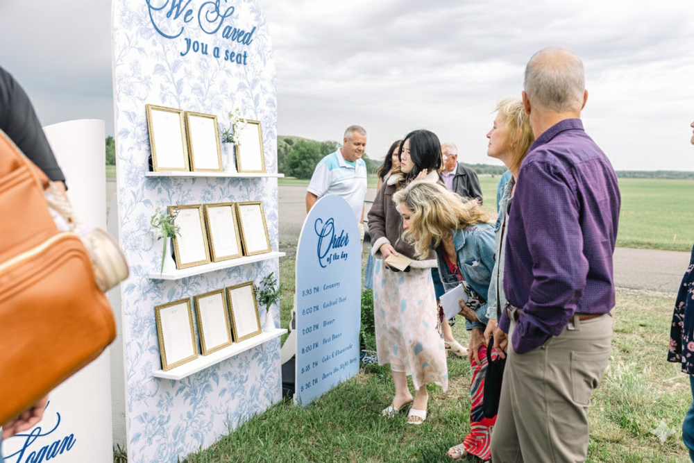Wedding guests viewing a custom seating chart display with framed escort cards and a printed ceremony timeline at an outdoor wedding venue.