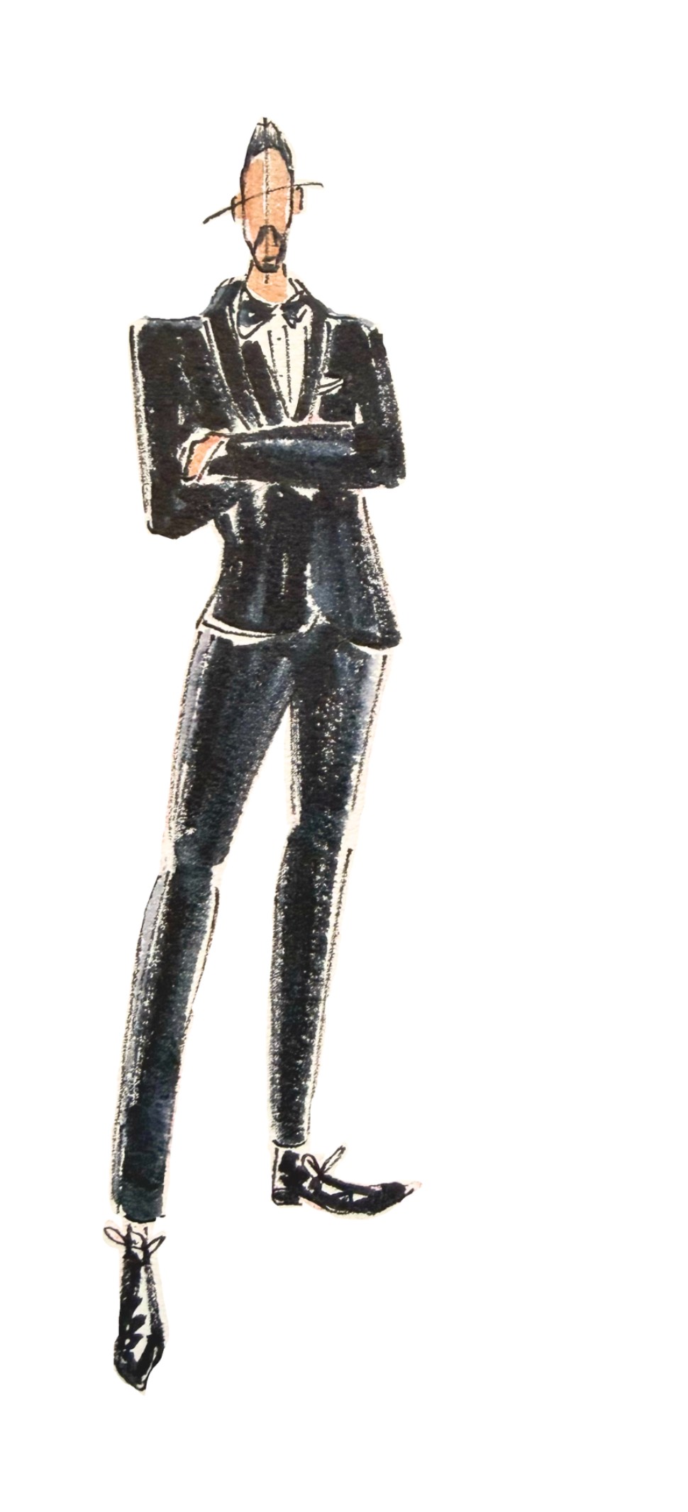 Wedding Dress Codes, Decoded 4 Watercolor fashion illustration of a man in a sharp black tuxedo suit with boots — black tie wedding dress codes option.