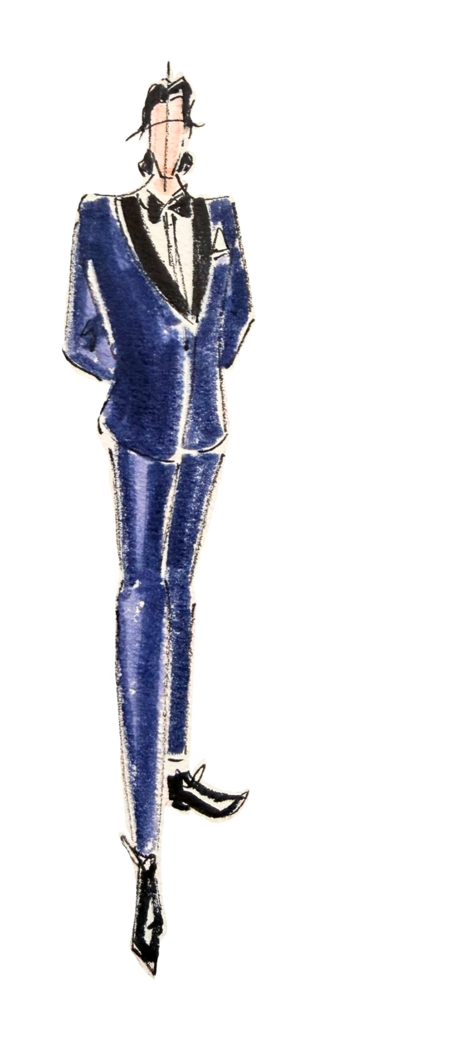Wedding Dress Codes, Decoded 6 Watercolor fashion illustration of a man in a cobalt blue tuxedo with black lapels and bow tie — black tie optional wedding dress codes.