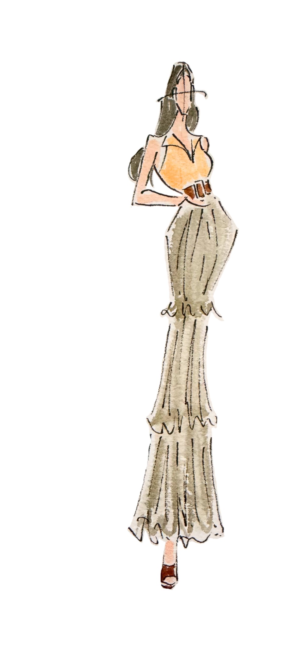 Wedding Dress Codes, Decoded 13 Watercolor fashion illustration of a woman in a tiered tan maxi skirt with orange top and leather belt — casual wedding dress codes.