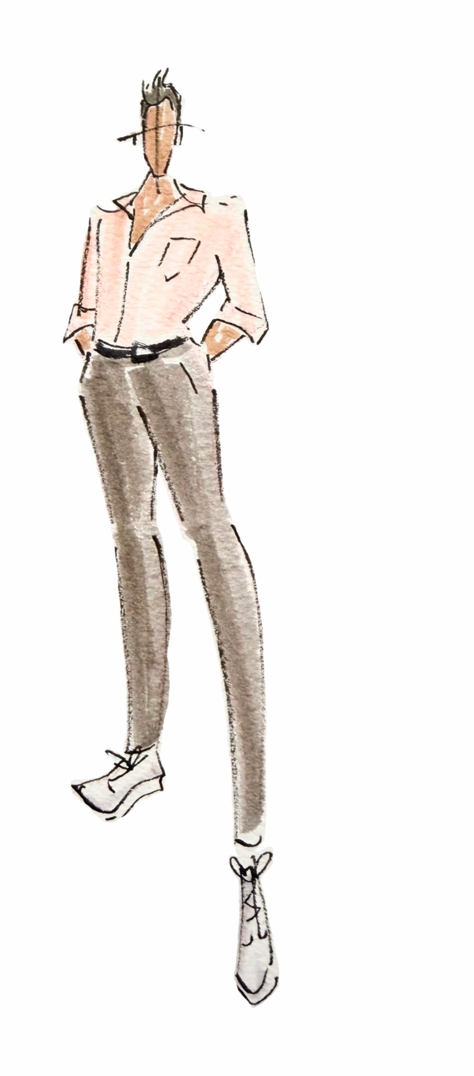 Wedding Dress Codes, Decoded 14 Watercolor fashion illustration of a man in a blush shirt, grey trousers and white lace-up boots — casual wedding dress codes style.