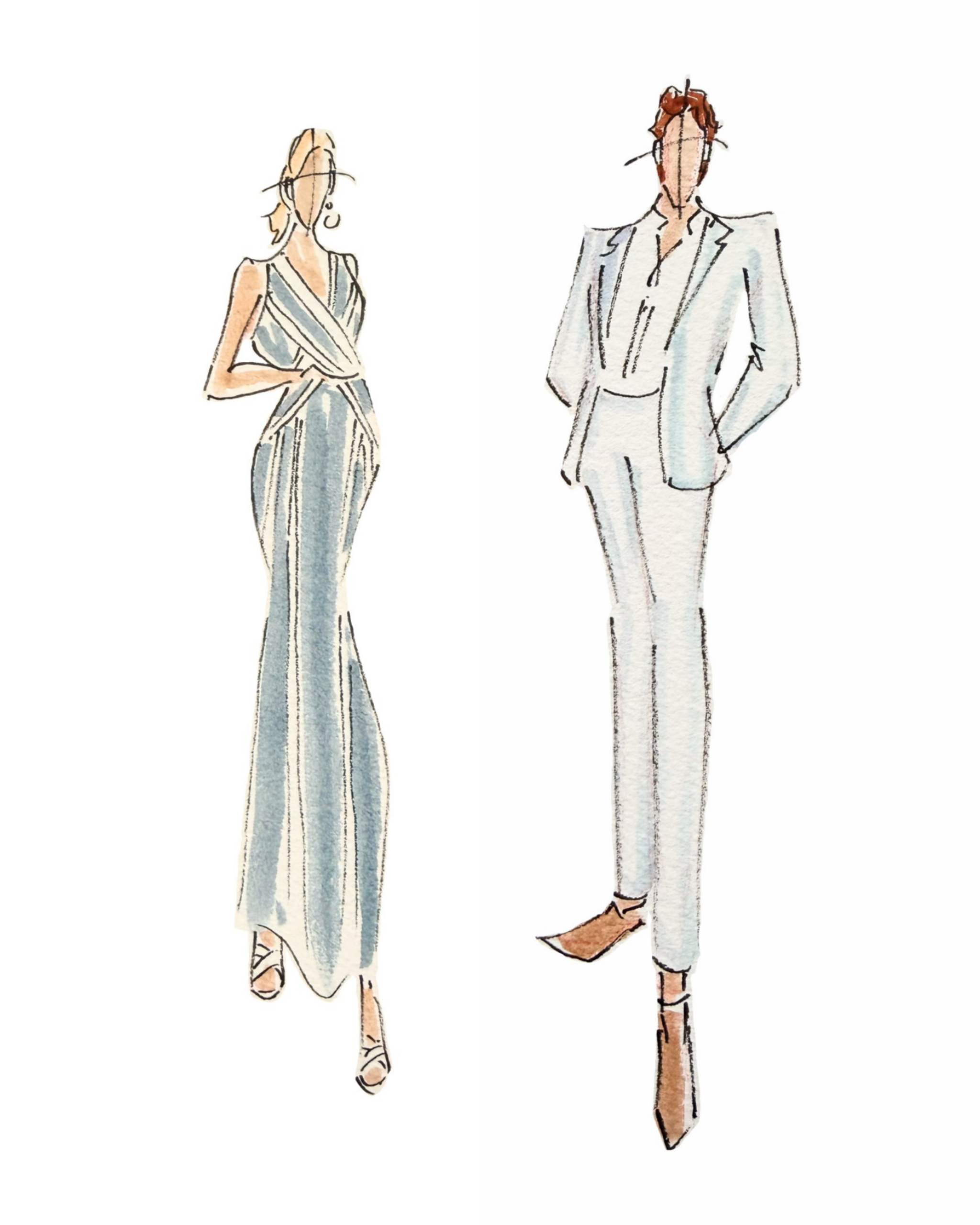 Watercolor fashion illustration of a woman in a draped blue-grey wrap gown with strappy sandals and a man in a crisp white tailored pantsuit with tan boots and a man