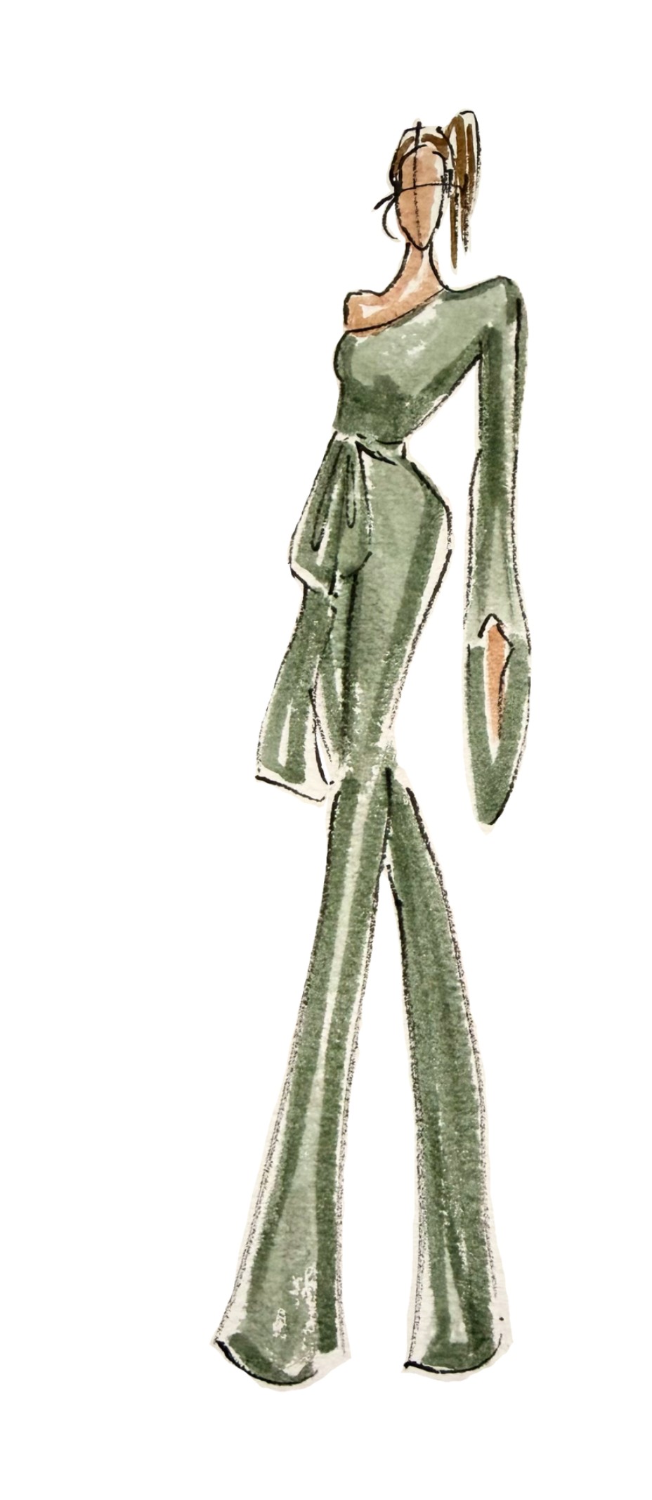 Wedding Dress Codes, Decoded 11 Watercolor fashion illustration of a woman in a sage green one-shoulder jumpsuit with wide-leg trousers — dressy casual wedding dress codes.