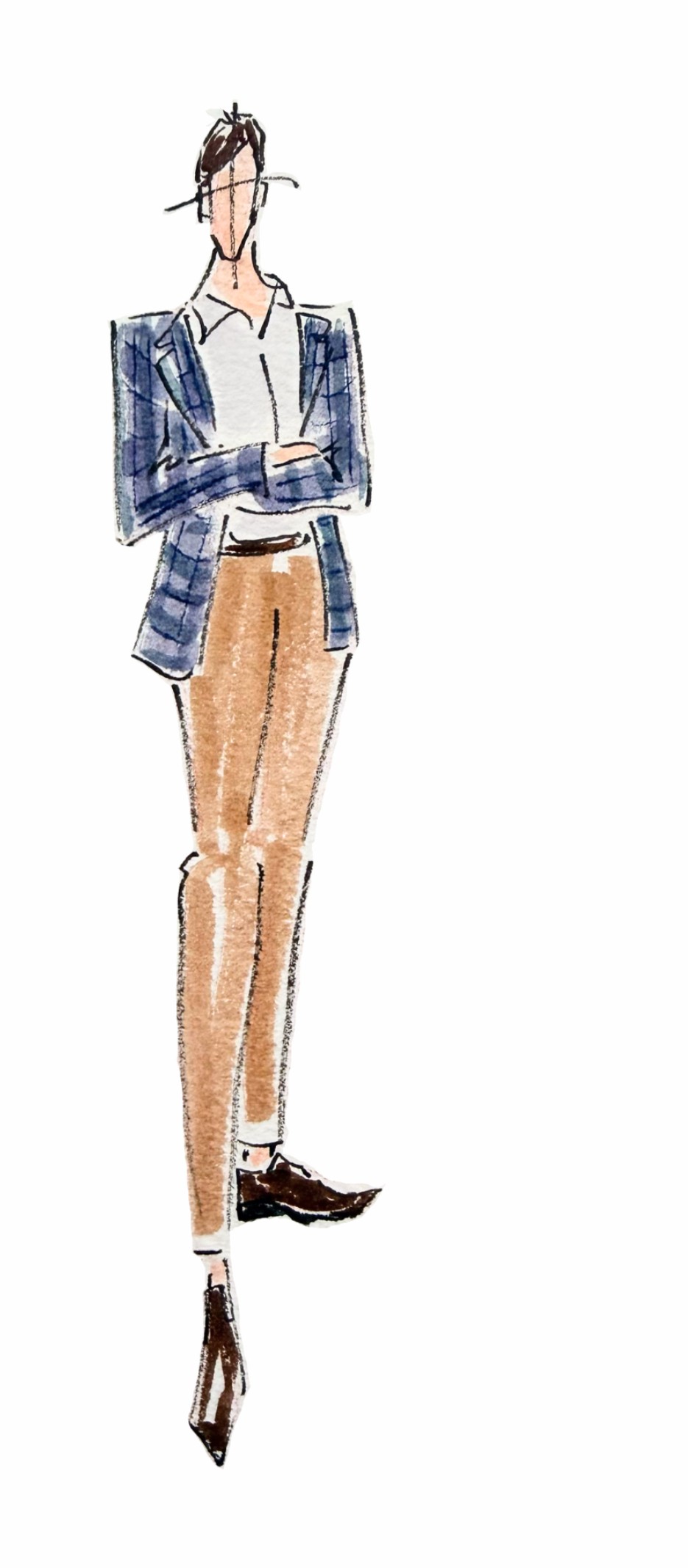Wedding Dress Codes, Decoded 12 Watercolor fashion illustration of a man in a blue plaid blazer, white shirt and camel trousers — dressy casual wedding dress codes.