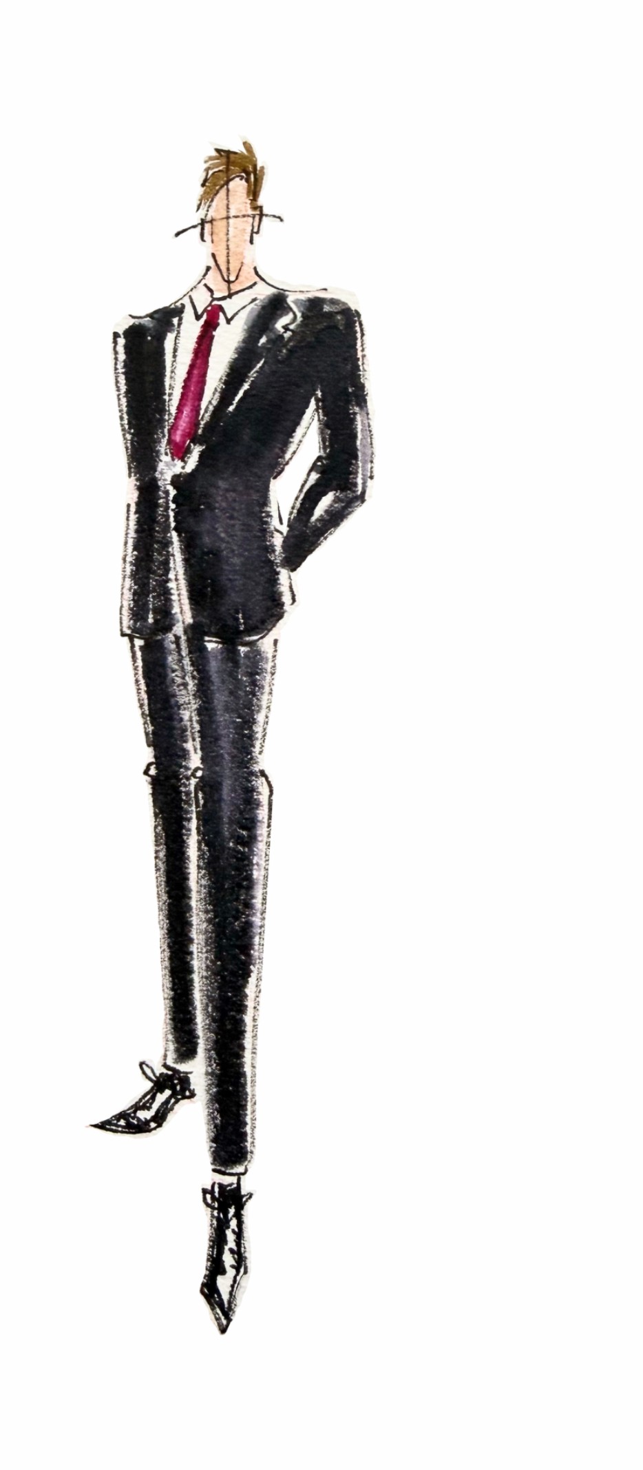 Wedding Dress Codes, Decoded 8 Watercolor fashion illustration of a man in a dark suit with burgundy tie and black lace-up boots — formal wedding dress codes.