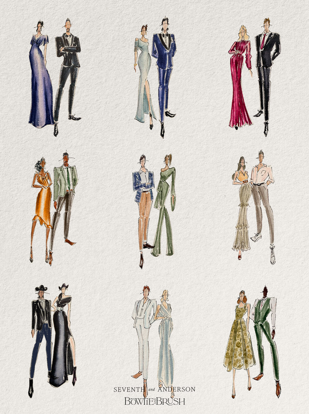 Illustrated couples wearing wedding guest attire for black tie, formal, cocktail, semi-formal, garden, beach, and casual wedding dress codes.